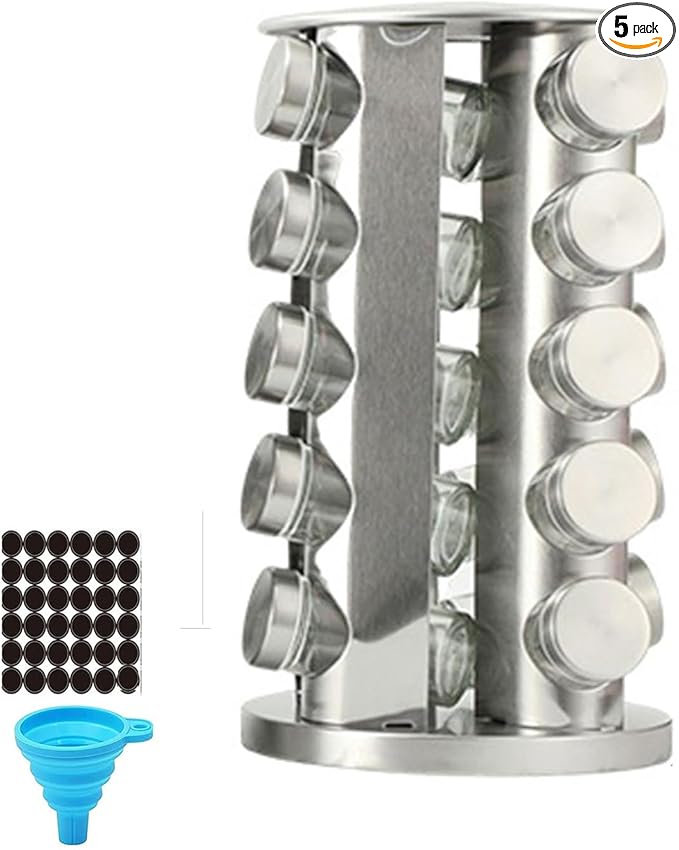 Spice rack-Revolving Spice Rack Set, Kitchen Spice Tower Organizer for Countertop or Cabinet -Desktop Rotating Seasoning Organizer(Stainless Steel) (Silver, 20-Jar)