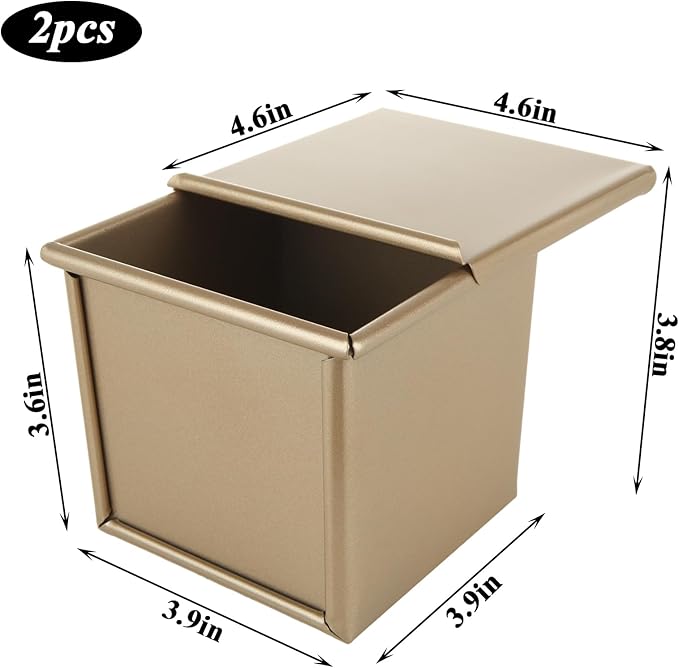 CertBuy 2 Pack Mini Pullman Loaf Pan with Lid, 0.55Lb Dough Capacity, 3.9" x 3.9"x 3.8" Non-Stick Bakeware for Baking Bread, Loaf Bread Baking Pan Gold