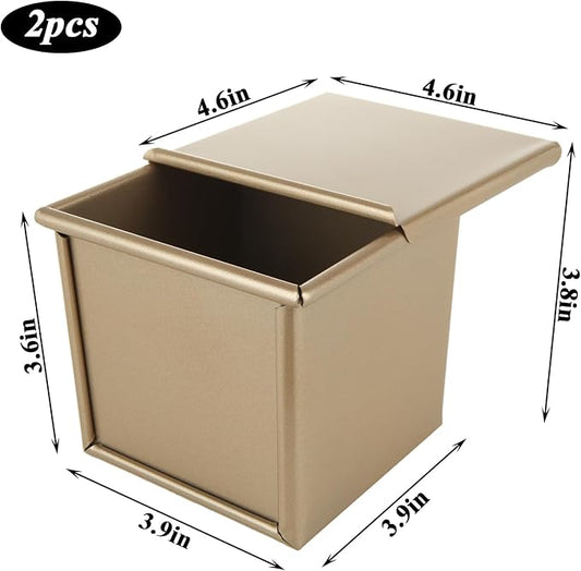 CertBuy 2 Pack Mini Pullman Loaf Pan with Lid, 0.55Lb Dough Capacity, 3.9" x 3.9"x 3.8" Non-Stick Bakeware for Baking Bread, Loaf Bread Baking Pan Gold
