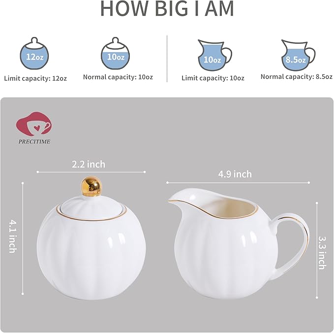 White and Gold Porcelain Sugar Bowl and Creamer Set - 12oz Lidded Sugar Pot & 10oz Milk Jug with gold rim, Elegant Tea and Coffee Accessories, Table Decor and Gift