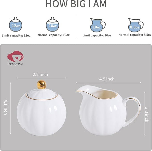 White and Gold Porcelain Sugar Bowl and Creamer Set - 12oz Lidded Sugar Pot & 10oz Milk Jug with gold rim, Elegant Tea and Coffee Accessories, Table Decor and Gift