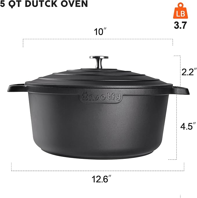 INSETFY Nonstick Dutch Oven Pot with Lid-5 QT Cast Aluminum Oven Pot with Two Handles Lightweight for Bread Baking Braising and Roasting(Black)