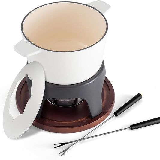 Swissmar Sierra Cast Iron Fondue Set, 1.6 Quart / 1.6 Liter – Perfect for Meat, Cheese, & Chocolate Fondues – Ideal for Family Bonding & Hosting Gifts - 12-Pieces, Matte White