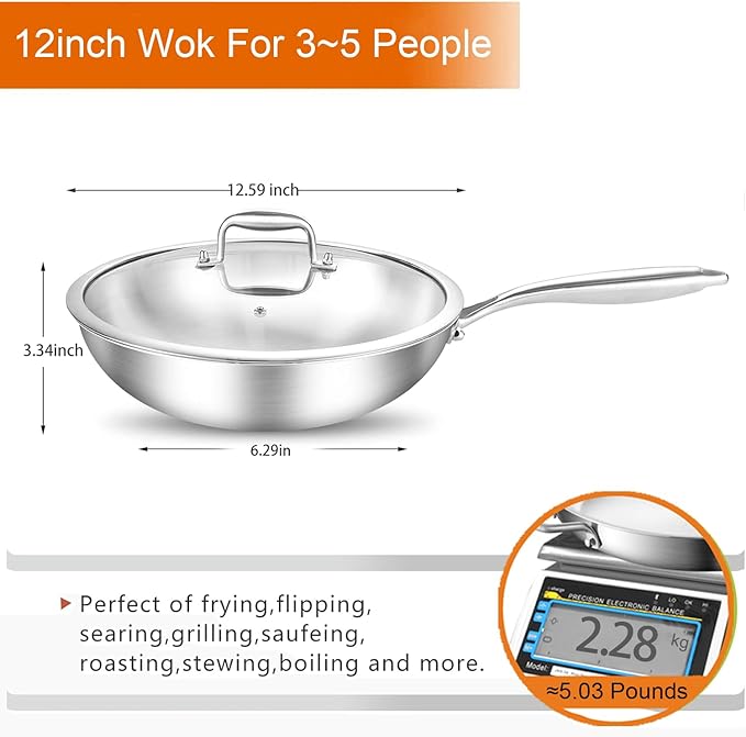 DELARLO Tri-Ply Stainless Steel Woks, 12 Inch Healthy Non-Toxic Cooking Wok Pan with Lid, Wide & Deep Cookware Stir-Fry Pans, Dishwasher and Oven Safe Up To 600°F, Works on Induction