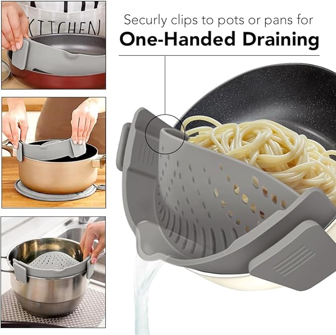 Clip‑On Pot Strainer Silicone Gray Dishwasher‑Safe Side‑Mount Design 9.4×4.6×2.5 Inches | Snap Drain Colander for Pans Bowls Skillets | Heat‑Resistant Kitchen Gadget Splash‑Guard