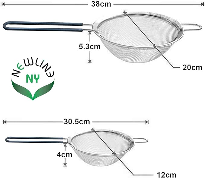 Newline NY Premium Double Stainless Steel Fine Mesh Strainers with Soft-touch Anti-slip Silicone-coated Handle 2 pcs Set