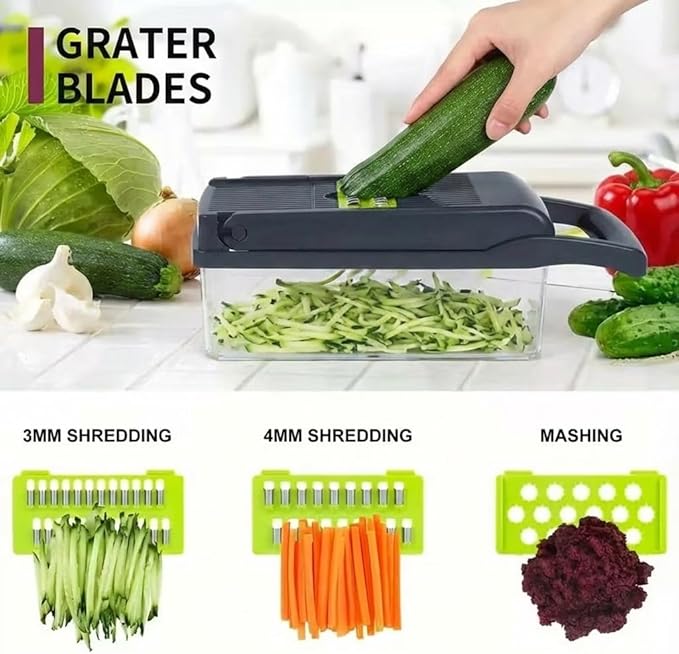 Mandoline Vegetable Chopper Pro, 16-in-1 Kitchen Food Slicer and Dicer with Container, 8 Interchangeable Blades, Gray and Green