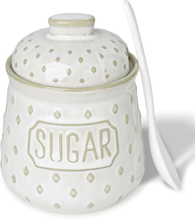Sugar Bowl with Lid and Spoon, 10 OZ Ceramic Sugar Container for Kitchen Accessories, Sugar Storage Containers, Farmhouse Decor (Vintage White)