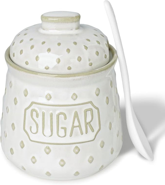 Sugar Bowl with Lid and Spoon, 10 OZ Ceramic Sugar Container for Kitchen Accessories, Sugar Storage Containers, Farmhouse Decor (Vintage White)