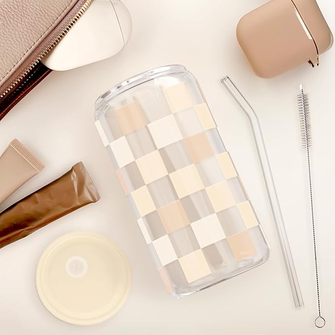 Checkerboard Glass Can, Beige Checker Cup with Lid & Straw, Iced Coffee Aesthetic Cups, Gift for Christmas Birthday Mother Day, Gifts for Women, 16oz