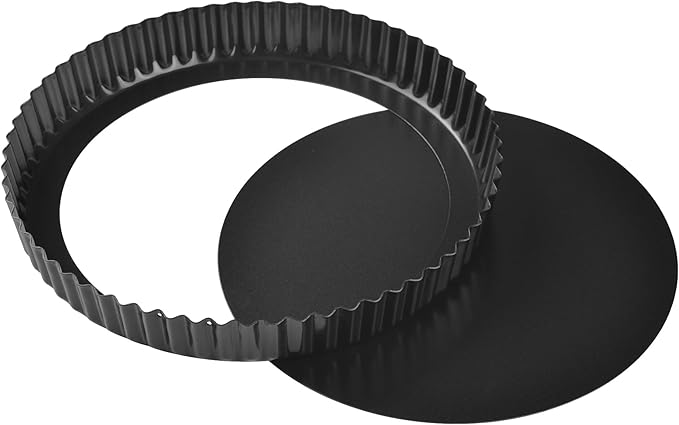 Bakeley 9-Inch Round Tart Pan with Loose Removable Bottom, Non-Stick Carbon Steel Quiche Pan for Oven Baking (Black)