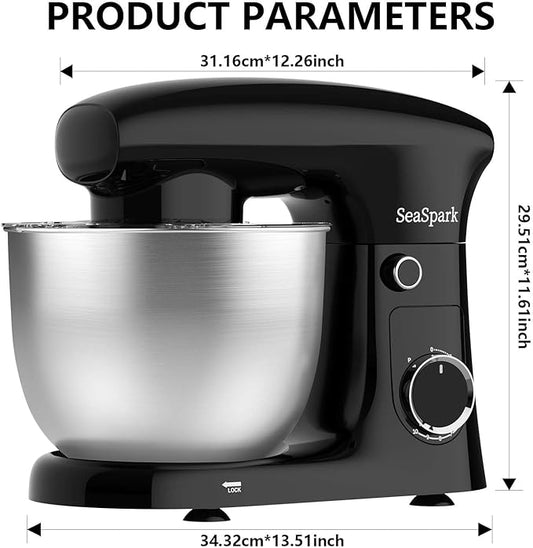 SeaSpark Stand Mixer, 3 in 1 Stand Mixer, 5.5Qt Electric Mixer, Mixer with Stainless Dough Hook, Wire Whip & Beater, Food Mixer for Baking, Cake and Most Home Cooks, Black