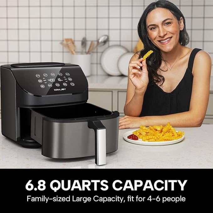 RAMJOY Air Fryer 6.8 Quarts, 10-in-1 Functions, Air Fry, Roast, Bake, Broil, Dehydrate, Large & Compact Air Fryers, Nonstick & Dishwasher-Safe Airfryer Basket, Stainless Steel Air Fryer, Metal Grey