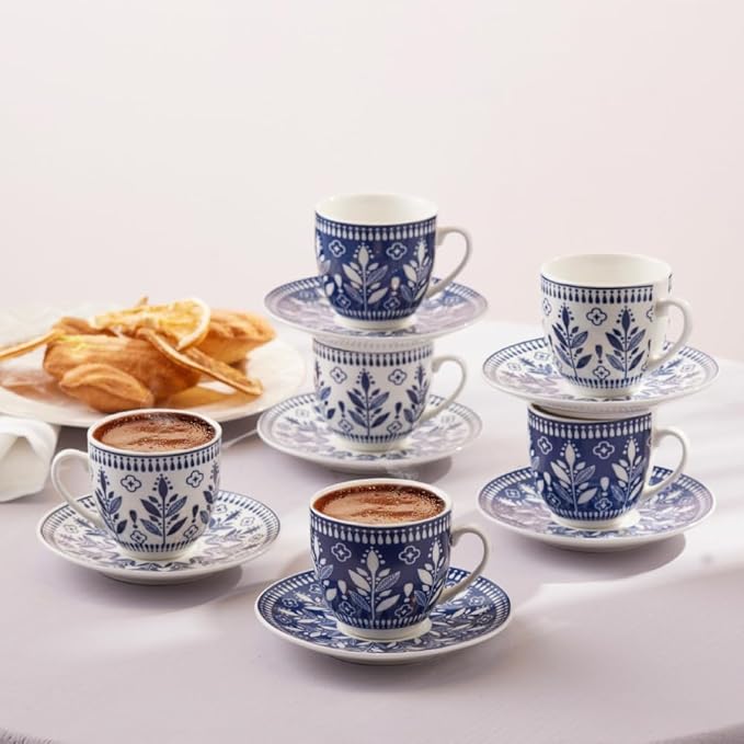 KARACA Peyker Turkish Coffee Cup Set for 6 People - 12 Piece Cups with Saucers - Small Bone China Espresso Set - Ideal for Serving Greek, Arabic Coffee (2.8 fl oz)