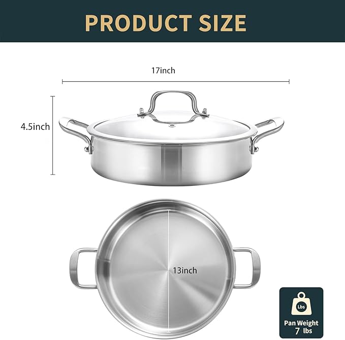 Yeksum 8-Quart Saute Pan with Lid | 13-Inch 3-Ply 18/10 Stainless Steel Deep Fry Pan & Large Skillet, Healthy Non-Toxic Cookware, Oven & Dishwasher Safe