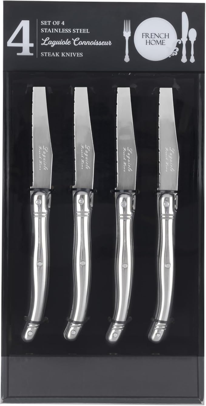 French Home Laguiole Connoisseur 4-Piece Steak Knife Set – Stainless Steel with Etched Detailing & Napoleon Bee Emblem – Serrated Knives for Smooth Cutting (9.25")