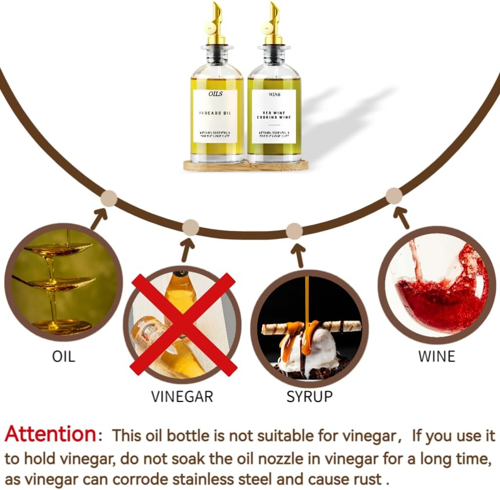Olive Oil Dispenser for Kitchen, 11.8oz/350ml Glass Oil Bottles with Bamboo Tray and Labels, Oil&Soy sauce Cruet Set, Kitchen Dispenser Bottles with Pourer | Set of 2 (Silvery, 11.8, ounces)