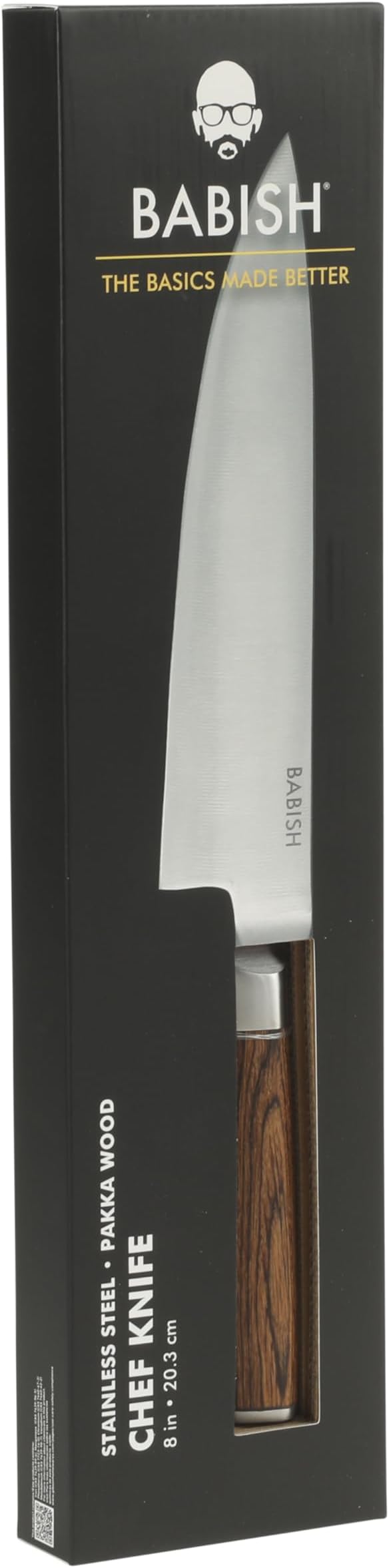 Babish 8-Inch Chef Knife – High-Carbon 1.4116 German Steel Kitchen Knife with Dark Pakka Wood Handle, Full-Tang Razor Sharp Chef’s Blade for Chopping, Slicing, Dicing & Everyday Prep