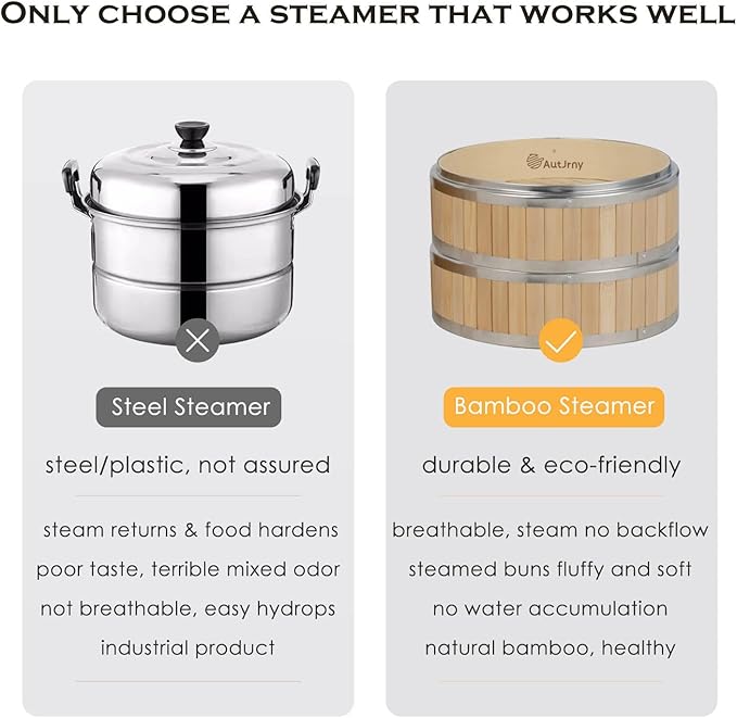 9.5-Inch Vertical Bamboo Steamer Basket, 3-Tier with Stainless Steel Rings | 50 Liners, Sauce Dish & 2-Chopsticks | Cooking Pot for Buns Dumplings Rice Vegetables Dim Sum