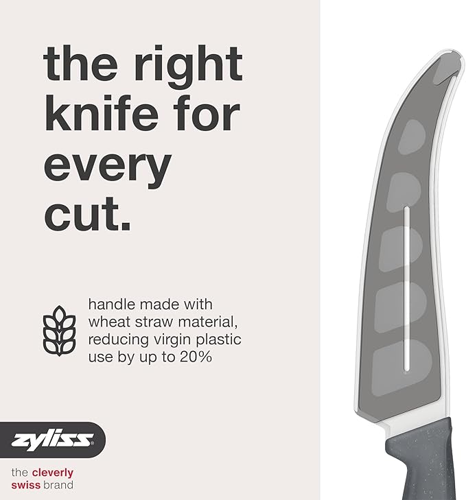 Zyliss Cheese Knife – Stainless Steel Blade with Non-Stick Holes & Forked Tip for Serving – Cuts Soft, Semi-Soft & Firm Cheeses – Wheat Straw Handle, Dishwasher Safe, 5-Year Guarantee – 5"