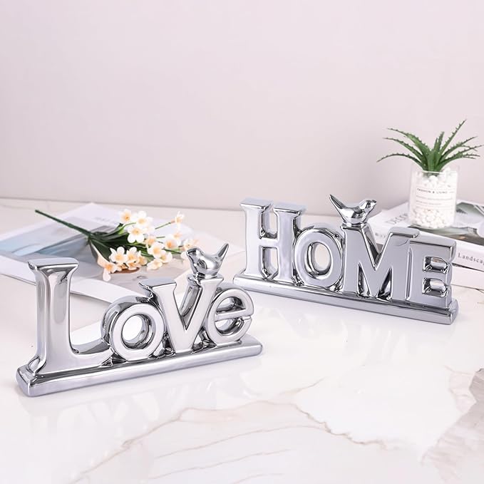 Love Sign Decor,Silver Room Decor Aesthetic, Knick Knack Shelf,Bird Decor, Boho Bookshelf,Abstract Statue,for Living Room,Bedroom, Contemporary Tv Stand Set of 2 (2, Silver)