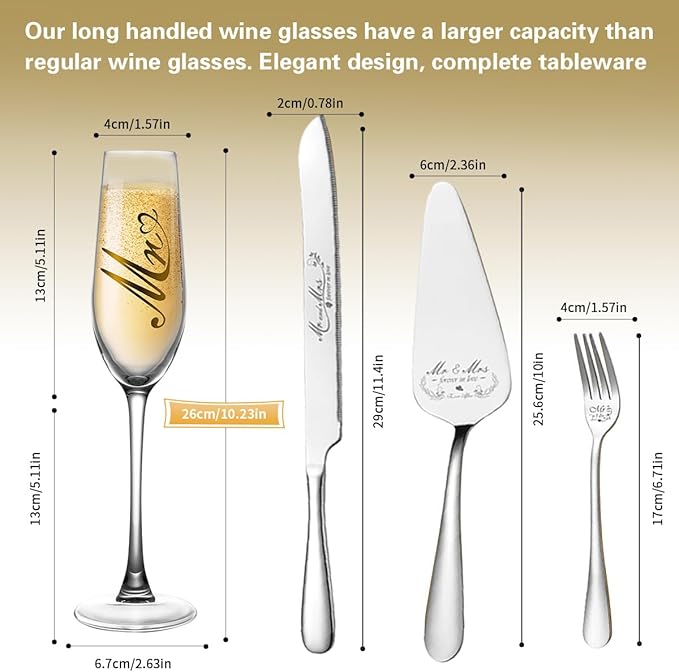 Mr and Mrs Champagne Flutes, Wedding Cake Knife and Server Set, Bride and Groom Champagne Glasses, Cake Cutting Set for Wedding, Bridal Shower Gifts, Engagement Gifts for Couples (Silver, Set of 6)
