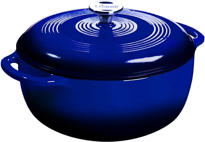 Lodge 3 Quart Enameled Cast Iron Dutch Oven with Lid – Dual Handles – Oven Safe up to 500° F or on Stovetop - Use to Marinate, Cook, Bake, Refrigerate and Serve – Indigo