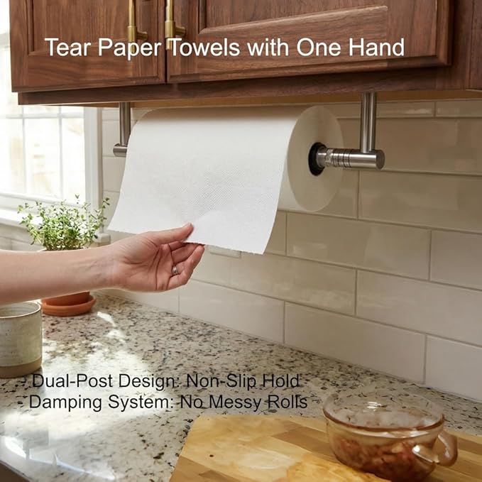 FORIOUS Paper Towel Holder Under Cabinet, Single Hand Operable with Adjustable Damping for Easy Tear, Adhesive or Drill Wall Mount,304 Stainless Steel Commercial Paper Towel Holder for Kitchen, Silver