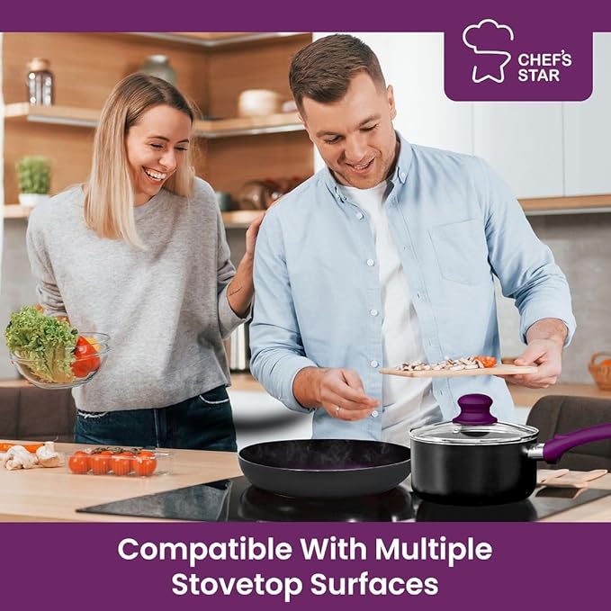 Chef’s Star Aluminum Pots and Pans Set for Kitchen - Nonstick Stackable Induction Cookware, 11 Pcs, Purple