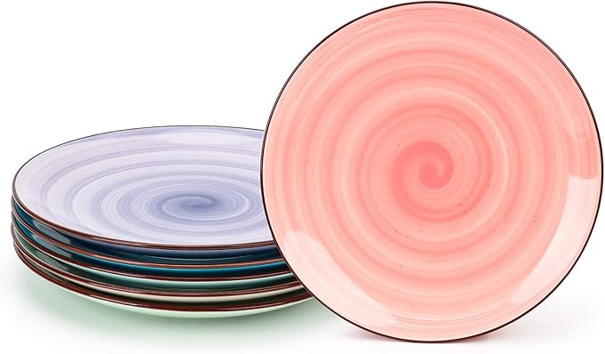 KitchenTour Ceramic Dinner Plates, 8 Inch Porcelain Serving Plate for Salad, Dessert Pizza Steak Pasta Plates Set, Dishwasher and Microwave Safe - Set of 6, Assorted Warm Colors