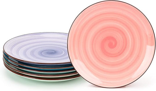 KitchenTour Ceramic Dinner Plates, 8 Inch Porcelain Serving Plate for Salad, Dessert Pizza Steak Pasta Plates Set, Dishwasher and Microwave Safe - Set of 6, Assorted Warm Colors