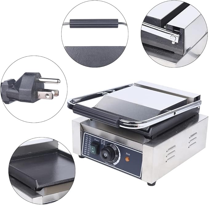 Commercial Sandwich Press 1800W Countertop Panini Grill 110V Sandwich Panini Press Grill Non Stick Surface Electric Maker Temperature Control for Hamburgers Steaks for Restaurant Cafe