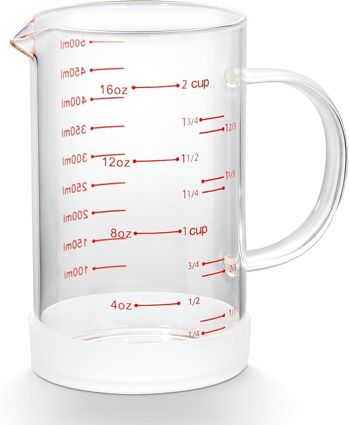 77L 2 Cup Glass Measuring Cup with Handle, High Borosilicate Glass Measuring Cup with V-Shaped and Three Scales (Cup, OZ, ML), Glass Liquid Beaker with Silicone Base, Double-Sided Measure Scales