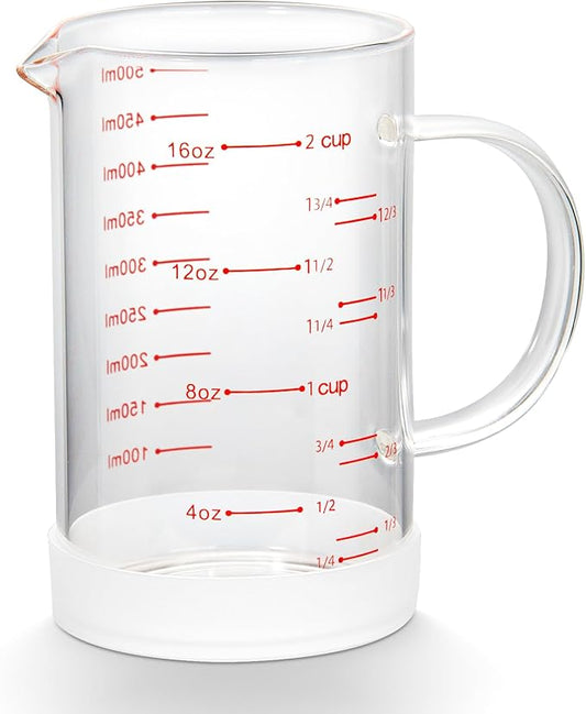 77L 2 Cup Glass Measuring Cup with Handle, High Borosilicate Glass Measuring Cup with V-Shaped and Three Scales (Cup, OZ, ML), Glass Liquid Beaker with Silicone Base, Double-Sided Measure Scales