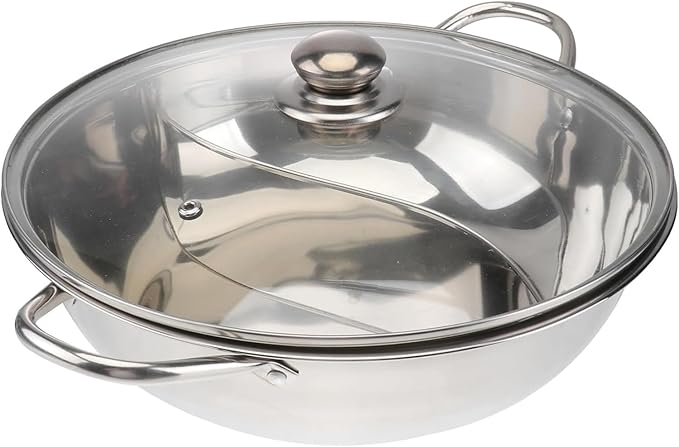 12inch Double Cooker Pot, Hot Pot Shabu, Dual Site with Divider & Lid, Insulated Handle, 12'', for Home Party Family Gathering