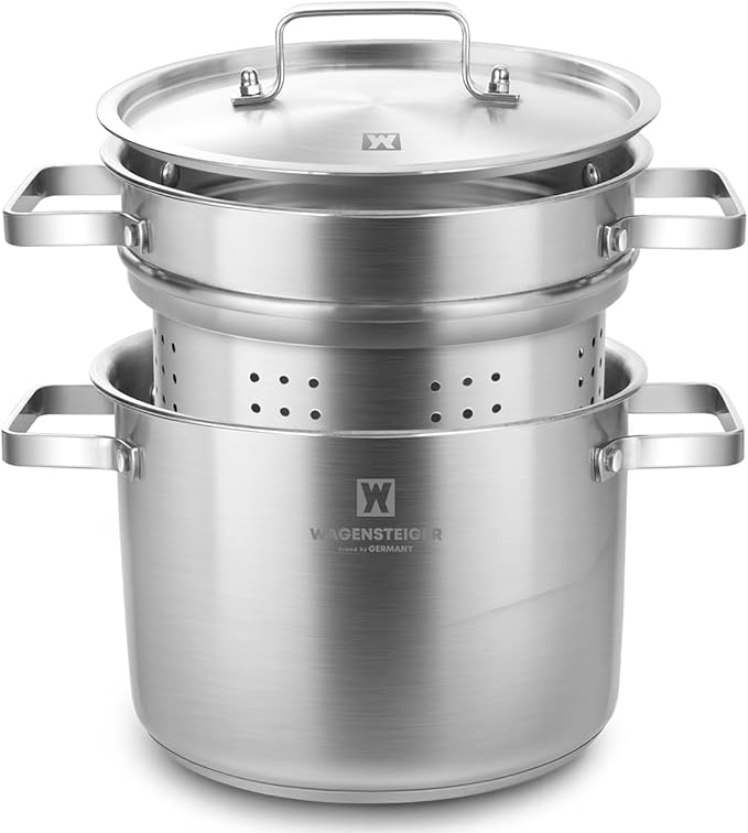 Premium Stainless Steel Asparagus Vegetable Tall Steamer Pot Spaghetti Pasta Stovetop Cooker with Removable Perforated Basket and Lid, Large Size Versatile Cookware (5.2Liters/5.5Quarts)