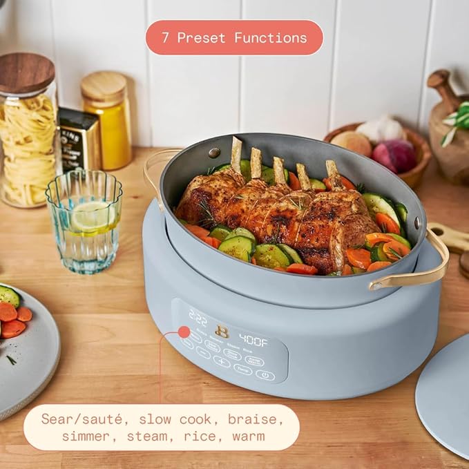 Beautiful 10-in-1 Electric Multi-Cooker by Drew Barrymore, 6-quart, digital display, 10 cooking functions, non-stick pot, easy one-touch control (Cornflower Blue)
