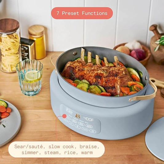 Beautiful 10-in-1 Electric Multi-Cooker by Drew Barrymore, 6-quart, digital display, 10 cooking functions, non-stick pot, easy one-touch control (Cornflower Blue)