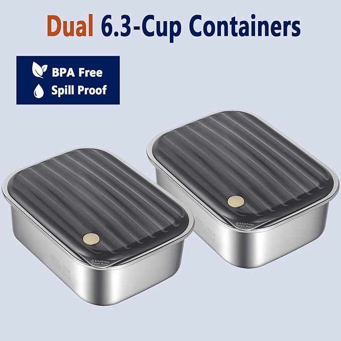 XL Cordless Electric Heated Lunch Box for Adults, Battery-Powered,2 x 6.3-Cup Capacity, Rechargeable Portable Self-Heating Food Warmer for Work Travel Car
