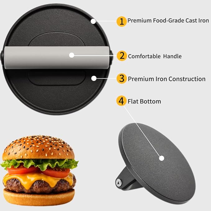 Smash Burger Press 6.7-Inch Round Cast Iron Grill Press with Ergonomic Silicone Handle – Heavy-Duty Bacon with Unique Burger Design for Even Grilling