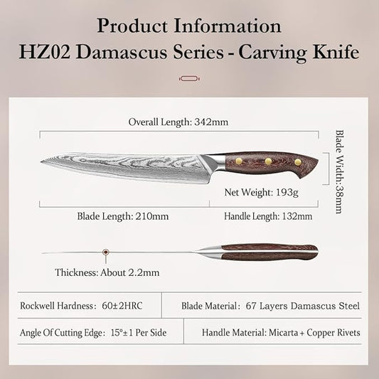 HEZHEN Carving Knife, 67 Layers Damascus Steel BBQ Slicing, 8.3 Inches, Professional Brisket Slicing Meat Knife, Ergonomic Micarta Handle, Gift Packing