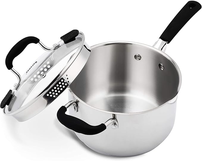 Rorence 3.7 Quart Saucepan with Glass Lid: Stainless Steel Sauce Pan with Two Sides Pour Spout & Riveted Silicone Handles & Build-in Strainer Tempered Glass Cover …