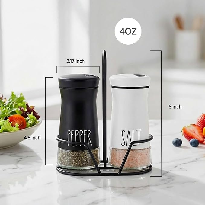 Aelga Farmhouse Salt & Pepper Shakers with Holder & Adjustable Pour Holes, Refillable Salt Shaker for Himalayan, Kosher, Black and White Pepper