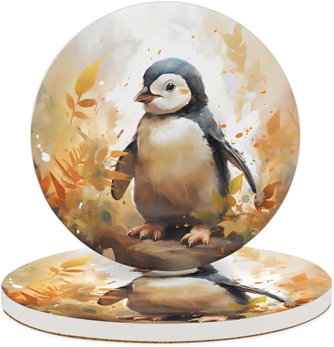 Round Coasters Set of 2, Watercolor Penguin Autumn Leaves Absorbent Ceramic Coaster with Cork Base, Bar Coasters for Drinks Coffee Mugs Tea Cups Wine Glasses Home Decor Gifts (4 inches)