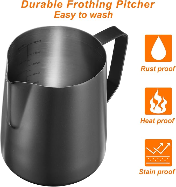 uxcell Milk Frothing Pitcher, 31oz / 900ml Stainless Steel Milk Frother Cup with Scale for Milk Steaming Pitcher Latte Art Cappuccino Coffee Espresso Accessories Tool, Black