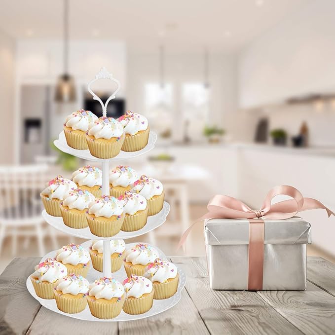 Coitak 3 Tier Cupcake Stand, Plastic Tiered Serving Stand, Dessert Tower Tray for Tea Party, Baby Shower and Wedding (Pure White) (Plastic)