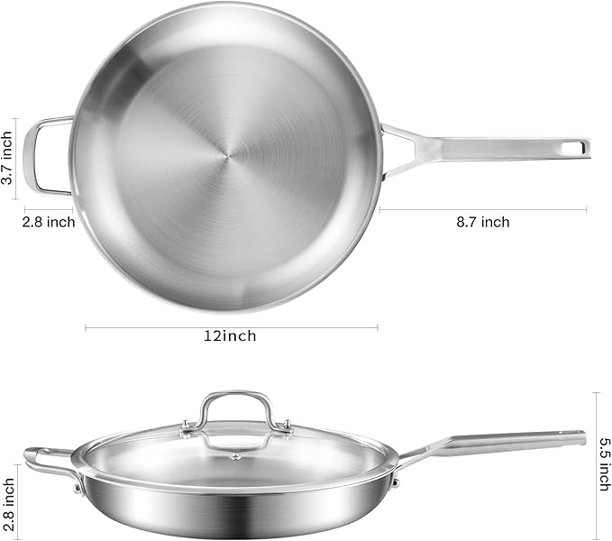 Yeksum 12-Inch Tri-Ply Fully Bonded Stainless Steel Frying Pan with Tempered Glass Lid | Chef's Skillet, Induction Compatible, Dishwasher & Oven Safe