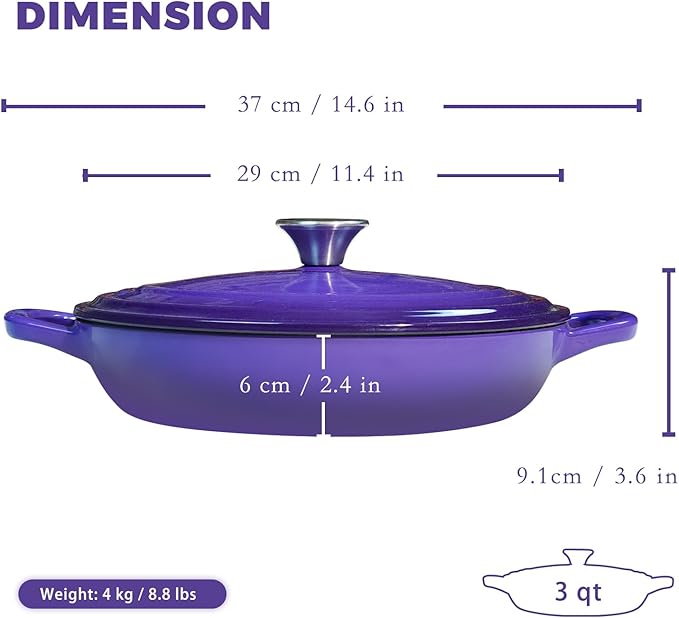 Flavehc Braiser Enameled Cast Iron Braiser 3 qt Braiser Pan with Lid Purple Shallow Cast Iron Casserole Braiser Pan with Handels