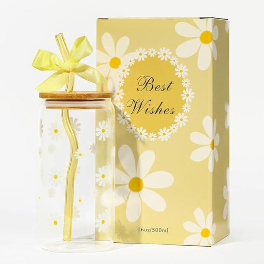 Cute Glass Cups with Lids and Straws, Teen Girl Birthday Gifts Daisy Iced Coffee Cup, Yellow Aesthetic Mug Tumbler for Birthday Mothers Day Christmas Valentines Coffee Lover 16oz