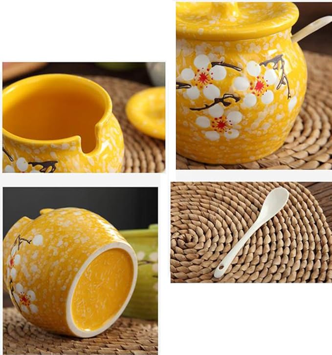 Ceramic Flower Sugar Bowl Seasoning Pot Salt Storage Jar with Lid Spoon